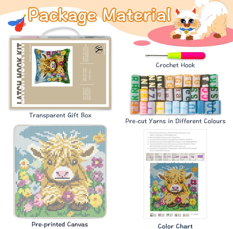 YP Cute Highland Cow Cattle Floral Latch Hook Kits Pillow Crochet Yarn Preprinted Pattern Needlework Kit DIY Pillowcase Hook Rug Crafts Kits,Home Sofa Decoration 17"X17" - Image 2